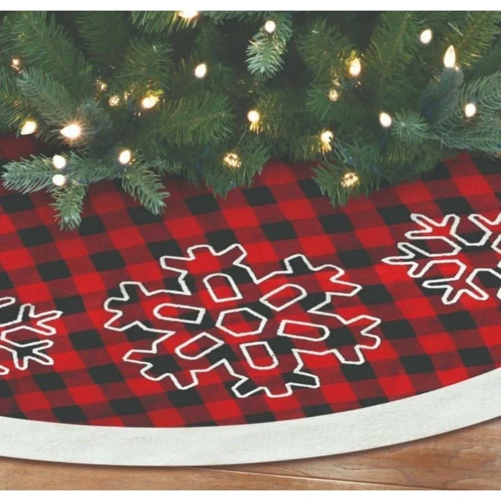 Red Black Buffalo Plaid Tree Skirt Snowflake Trim Christmas Holiday Decor